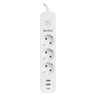 S-LINK SPG03TC, 3 Soket, Akım Korumalı Priz, 1x Type-C, 2xUSB 5V 4A, 1.5Mt %100 Bakır 1mm Kablo, 750 Joule (Beyaz)