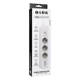 S-LINK SPG03TC, 3 Soket, Akım Korumalı Priz, 1x Type-C, 2xUSB 5V 4A, 1.5Mt %100 Bakır 1mm Kablo, 750 Joule (Beyaz)