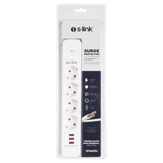 S-LINK SPG403U, 4 Soket, Akım Korumalı Priz, 3xUSB 5V 2.4A, 1.5Mt %100 Bakır 1.5mm Kablo, 750 Joule (Beyaz)
