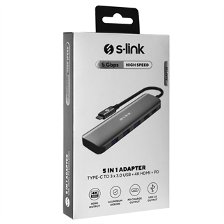 S-LINK SWV-USBC030, Type-C to HDMI, 3xUSB3.0, 1xPD Metal, USB HUB ve Çevirici