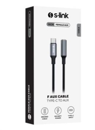 S-link Armor FC-01 15cm Type-C to F AUX Örgülü Metal Başlıklı Siyah Ses Kablosu