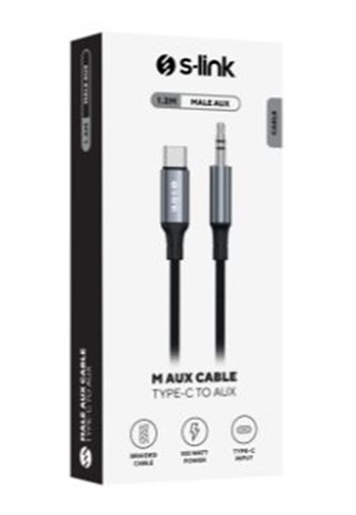 S-link Armor MC-01 1.2m Type-C to M AUX Örgülü Metal Başlıklı Siyah Ses Kablosu