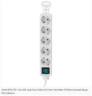 S-link SPG-F05 1.5m 306 Joule Euro Soket 3G1.0mm Tam Bakır 5li Akım Korumalı Beyaz Priz Çoklayıcı