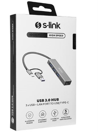 S-link SW-U332 Type-C - USB3.0 1000Mbps 3 Port Usb Gigabit Ethernet Adaptör