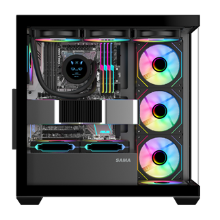 SAMA SV01BK Black, B750BK 750W, 80+ Bronze, PCIE 5.1, ATX3.1, Tempered Glass Panel, Panoramic Tasarım, Type-C, 4x120mm ARGB Fan, ATX, GAMING KASA