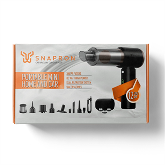 SNAPRON SNV-3002, Car Vacuum Cleaner Plus, 12.000 Pa Emiş gücü, 3 Hepa Filtre, 80W, 9 Aksesuar, Şarjlı, El Tipi, Genel Maksatlı Süpürge