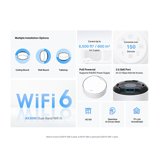 TP-LINK DECO-X50-POE, AX3000, Üçlü Mesh, 3000Mbps, Dual Band, WiFi6, 3Port Gigabit Lan, 600m2 Çekim Alanı, Router, Geniş Alan İnternet Ağı Sağlayıcısı