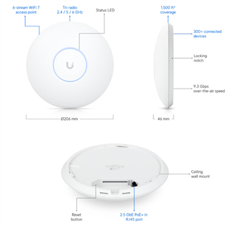 UBIQUITI UAP-U7-PRO, UniFi, Triple Band, 5765Mbps, Wifi6, Tavan Tipi, Access Point (Poe Adaptör Çıkmaz)