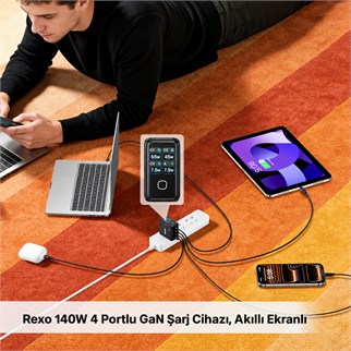UNITEK REXO 140W 4 PORTLU AKILLI EKRANLI GAN SARJ CİHAZI  (P1132ABK01-EU)