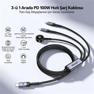 UNITEK USB-C 3 U 1 ARADA 100 W HIZLI SARJ KABLOSU 1.2M (C14180AGY01-1.2M)
