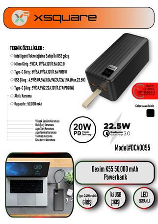 DEXİM DCA0055 K55 50.000 MAH POWERBANK DİGİTAL GÖSTERGE 22.5W HIZLI ŞARJ TYPE-C&MİCRO 2USB
