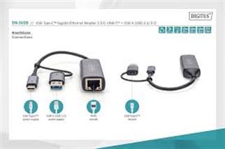 Digitus DN-3028 USB Tip C™ Gigabit Ethernet Adaptörü 2.5G, USB-C™ + USB-A (USB 3.1-3.0)