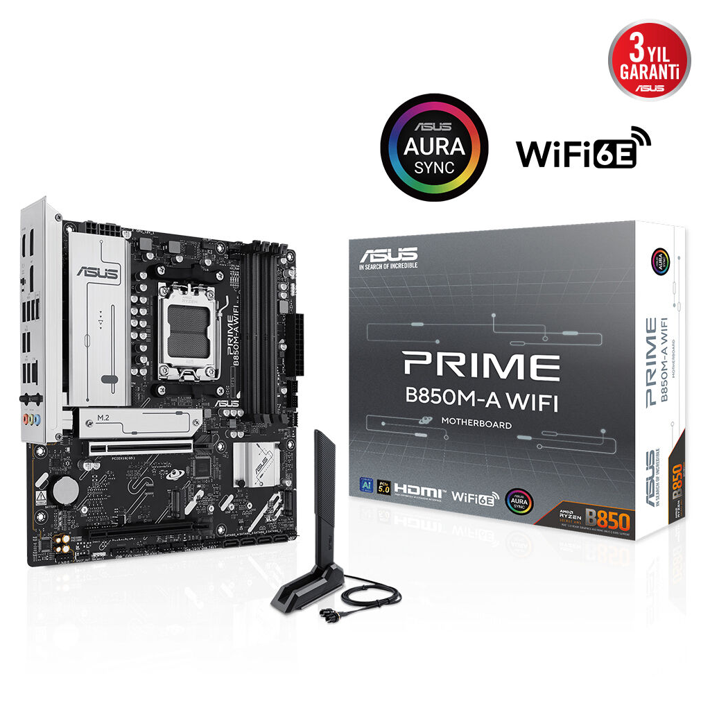 ASUS PRIME B850M-A WIFI, 4xDDR5, 3xM.2, 2xDP, HDMI, Type-C, Wi-Fi 6, Bluetooth 5.3, AM5 Soket Anakart