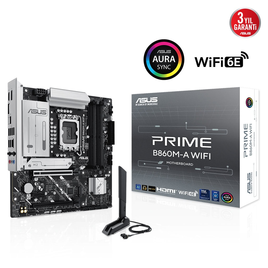 ASUS PRIME B860M-A WI-FI, 4xDDR5 2x M.2, HDMI, 2xDP, Wİ-Fİ 6E, Bluetooth v5.3, Type-C, Intel Core Ultra CPU(Seri 2), LGA1851 Soket Anakart