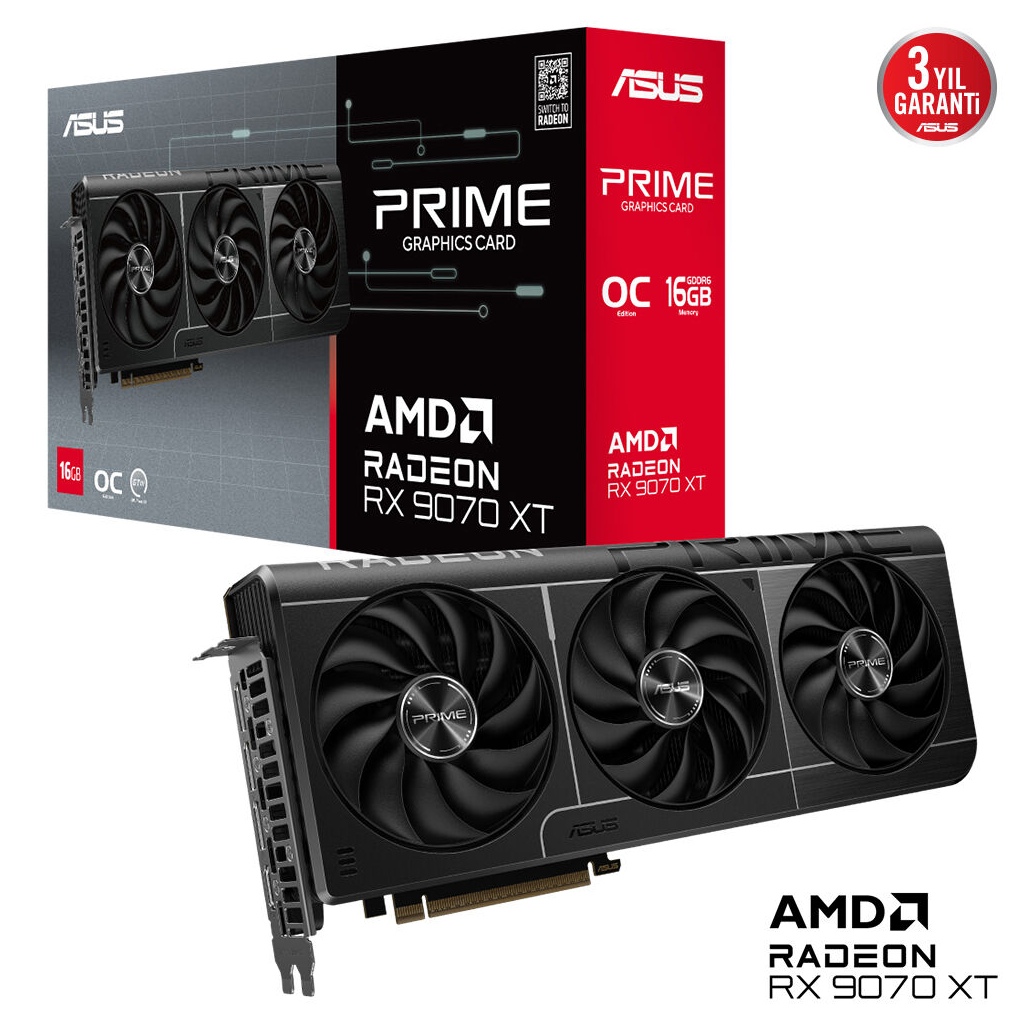 ASUS PRIME-RX9070XT-O16G, 16Gb, 256Bit, GDDR6, 1xHDMI, 3xDP, GAMING Ekran Kartı