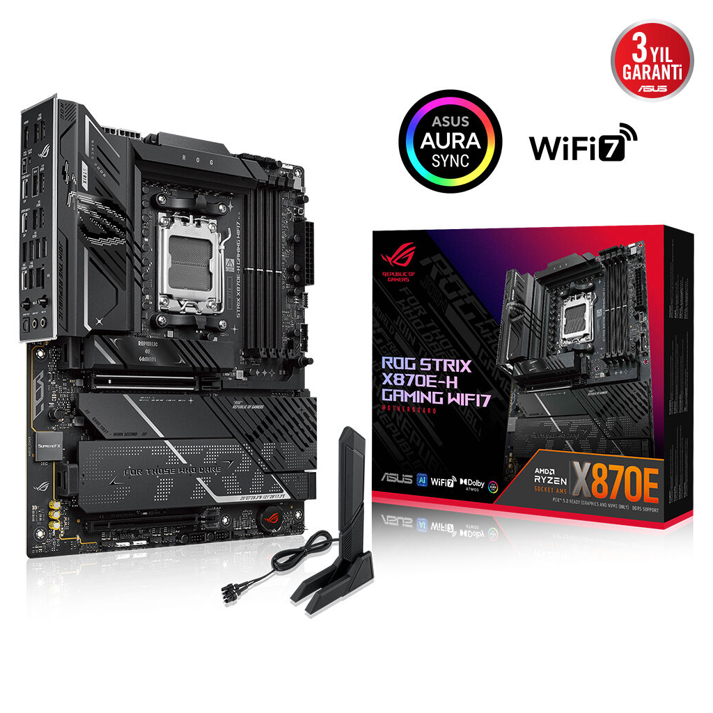 ASUS ROG STRIX X870E-H GAMING WIFI7, 4xDDR5, 4xM.2, DP, HDMI, Type-C, PCIe 5.0, Wi-Fi 7, Bluetooth v5.4, AM5 Soket GAMING Anakart