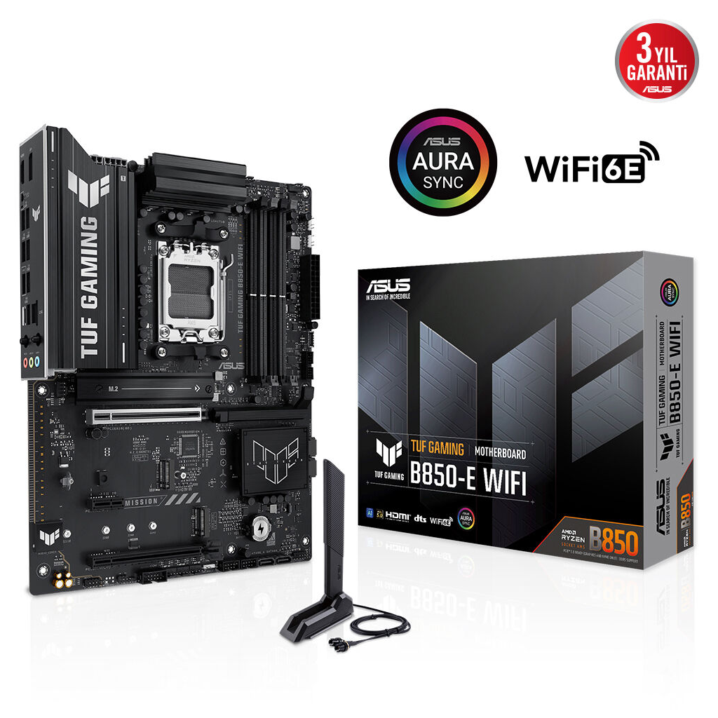 ASUS TUF GAMING B850-E WIFI, 4xDDR5, 3x M.2, HDMI, DP, Type-C, Wi-Fi 6E, Bluetooth v5.3, AM5 Soket GAMING Anakart