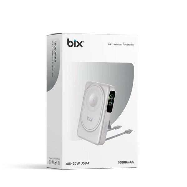BİX 10000mAh TPB16-WE 6'SI 1 ARADA OLED EKRANLI Beyaz KABLOSUZ POWERBANK
