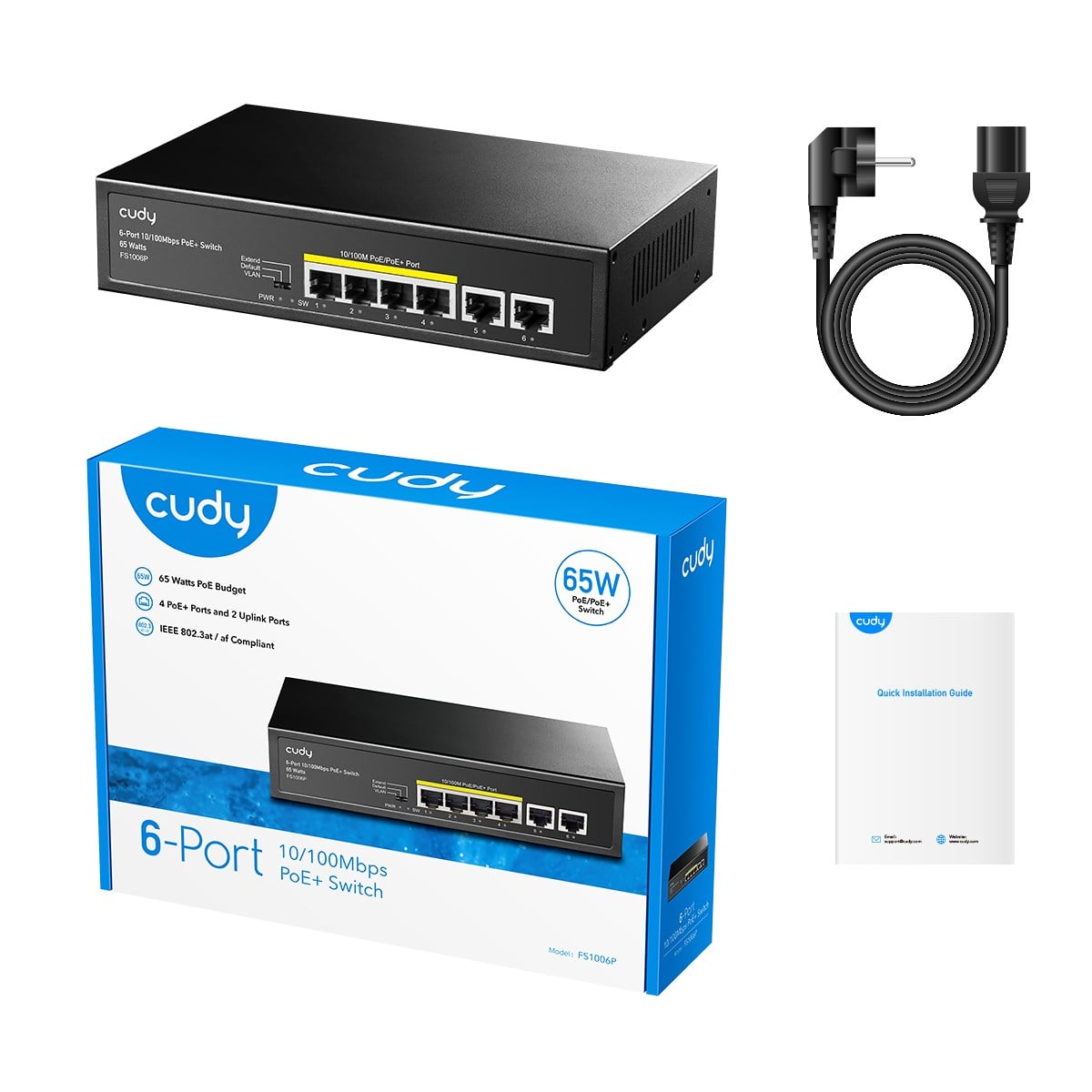 CUDY 6port / 4port PoE 60w 10/100 2-Uplink Yönetilemez Metal Switch FS1006P