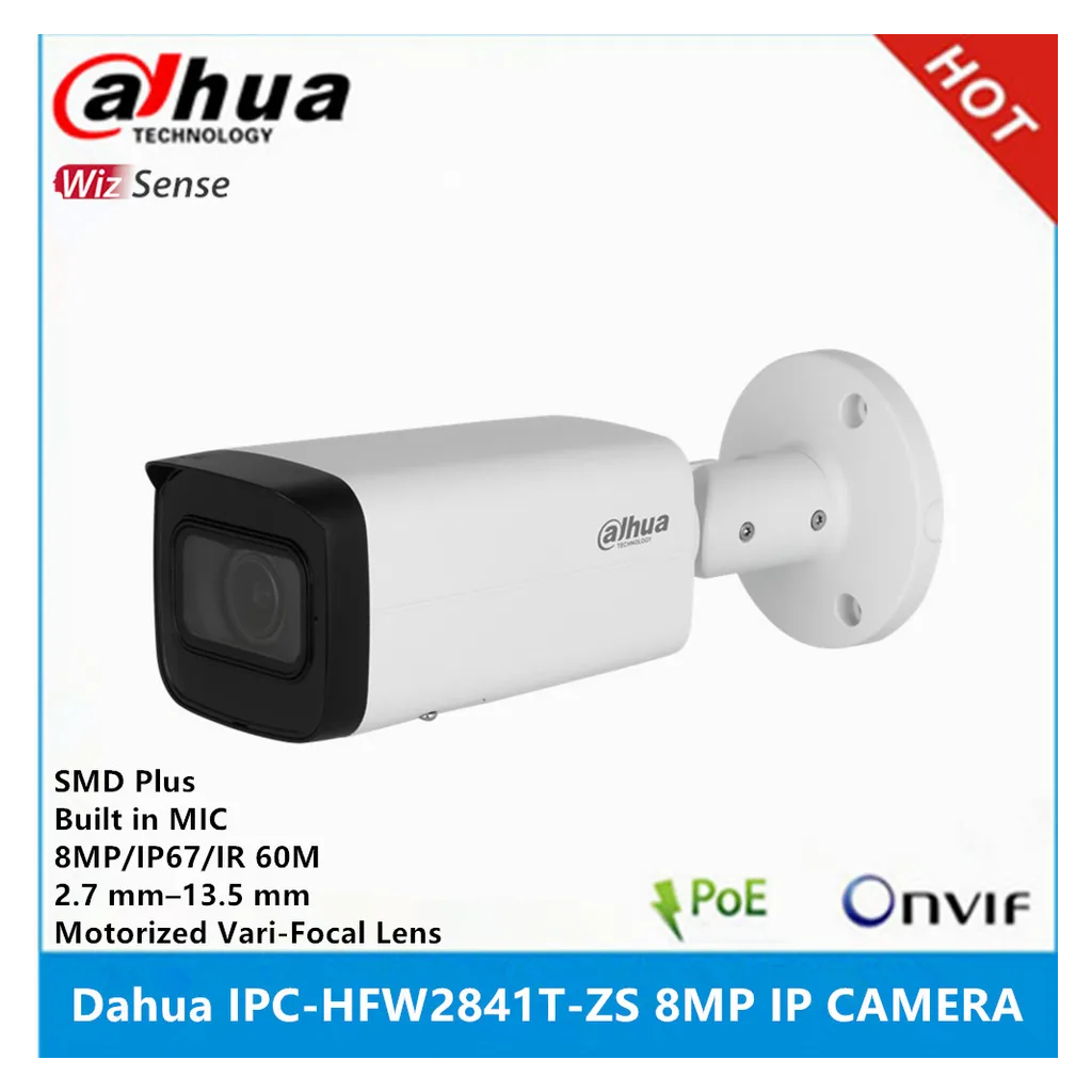 DAHUA IPC-HFW2841T-ZAS-27135 8Mpix, 2,7-13,5mm Motorize Lens, H265+, 80Mt Gece Görüşü, Dahili Mikrofon, Starlight, IP67,  PoE Bullet IP Kamera