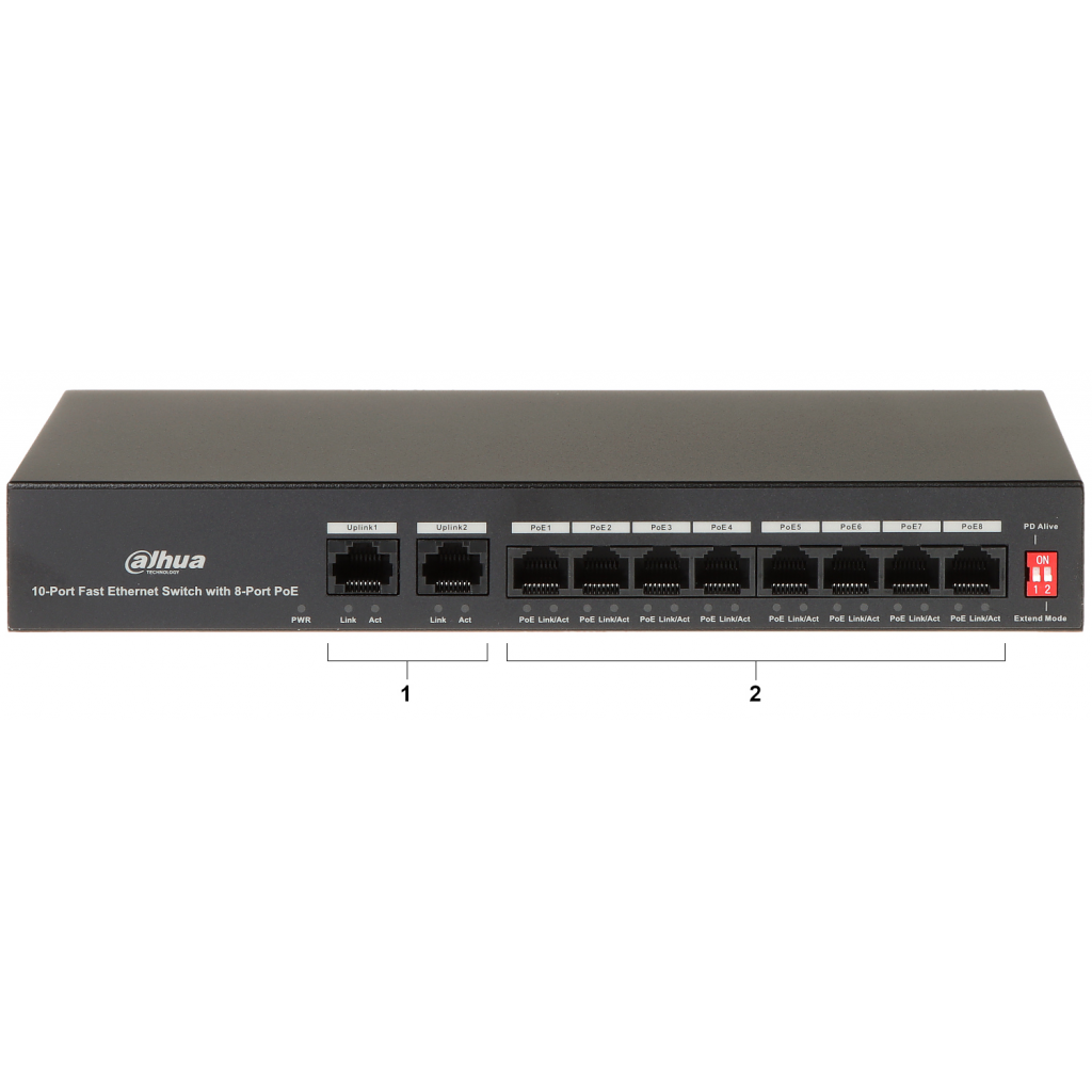 DAHUA PFS3010-8ET-65, 8 Port, MegaBit, 8 Port PoE, 65W, +2 Port MegaBit Uplink, Yönetilemez, Masaüstü Switch