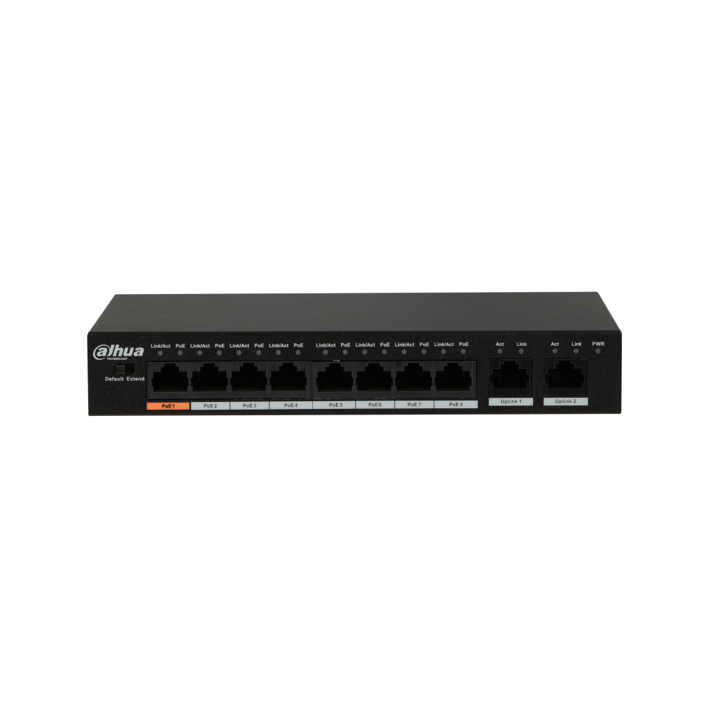 DAHUA PFS3010-8ET-96, 8 Port, MegaBit, 8 Port PoE, 96W, +2 Port GigaBit Uplink, Yönetilemez, Masaüstü Switch