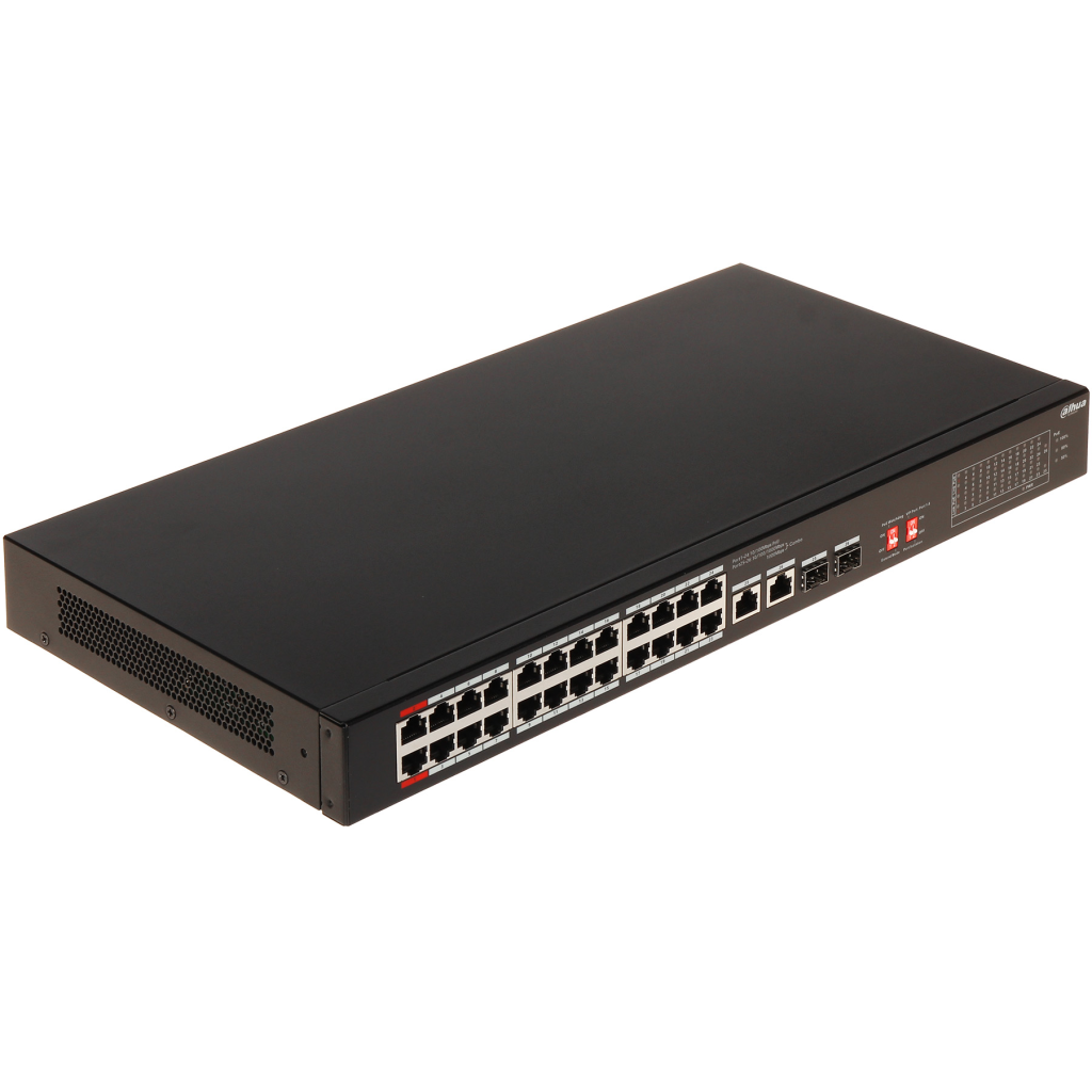 DAHUA S3226-24ET-240, 24 Port, MegaBit, 24 Port PoE, 240W, +2 Port Gigabit Combo SFP, Longe Range 250Mt., Yönetilemez, Rack Mount Switch