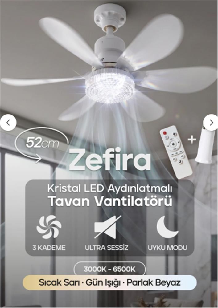 Feny Fn-F82 Zefira 3 Kademe Ultra Sessiz Uyku Mod 3000k-6500K Kristal Led Tavan Vantilatörü Kumanda