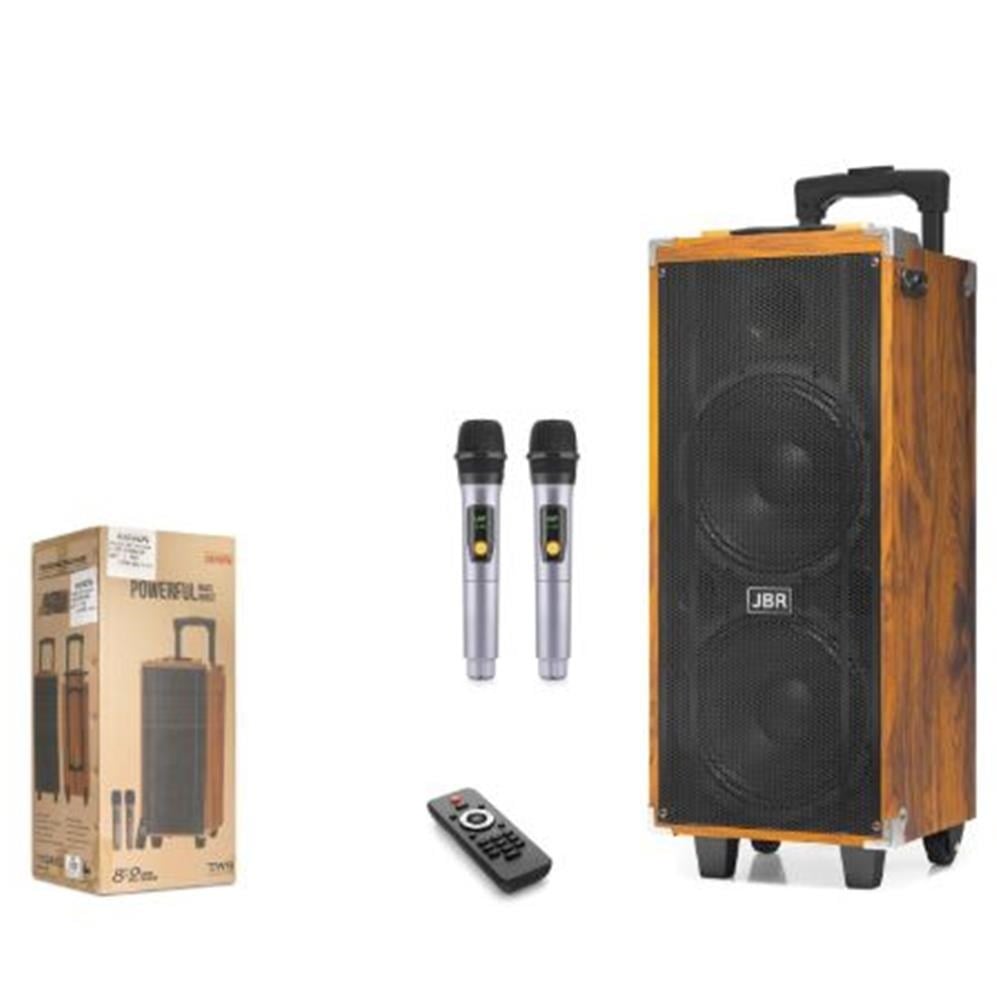 JBR JBR8808 Çift Karaoke Mikrofonlu Bluetooth Hoparlör FM Radyo 50W 2x8 İnç RGB Kumandalı Ahşap