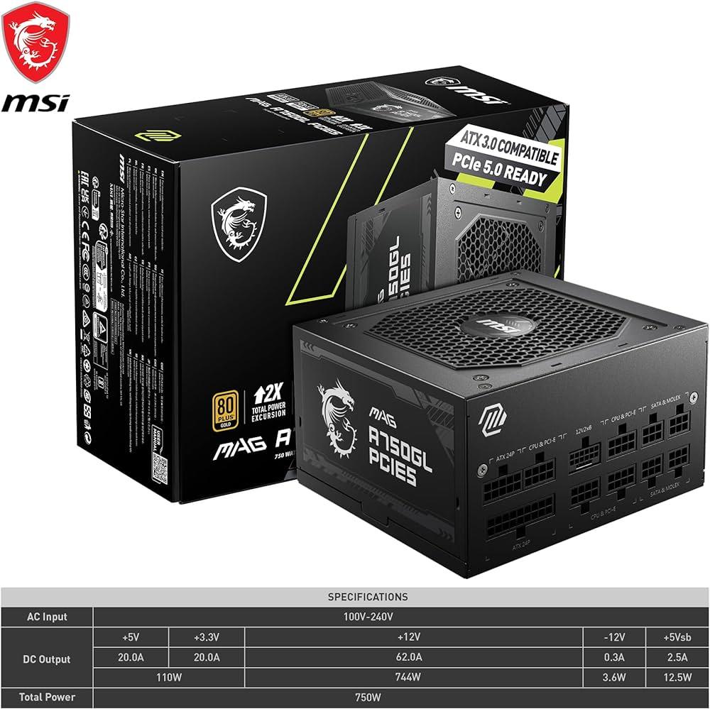 MSI MAG A750GL PCIE5 750W 80+ 306-7ZP8B11-CEO GOLD POWERMsiPSU | Güç KaynağıB05436