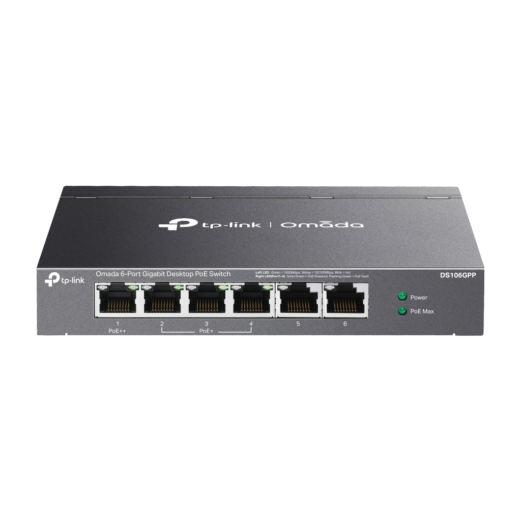 OMADA DS106GPP, 6 Port Gigabit, 3 Port Gigabit PoE+, 64W, 1 Port Gigabit PoE++, Yönetilemez, Metal Kasa Masaüstü Sessiz Switch