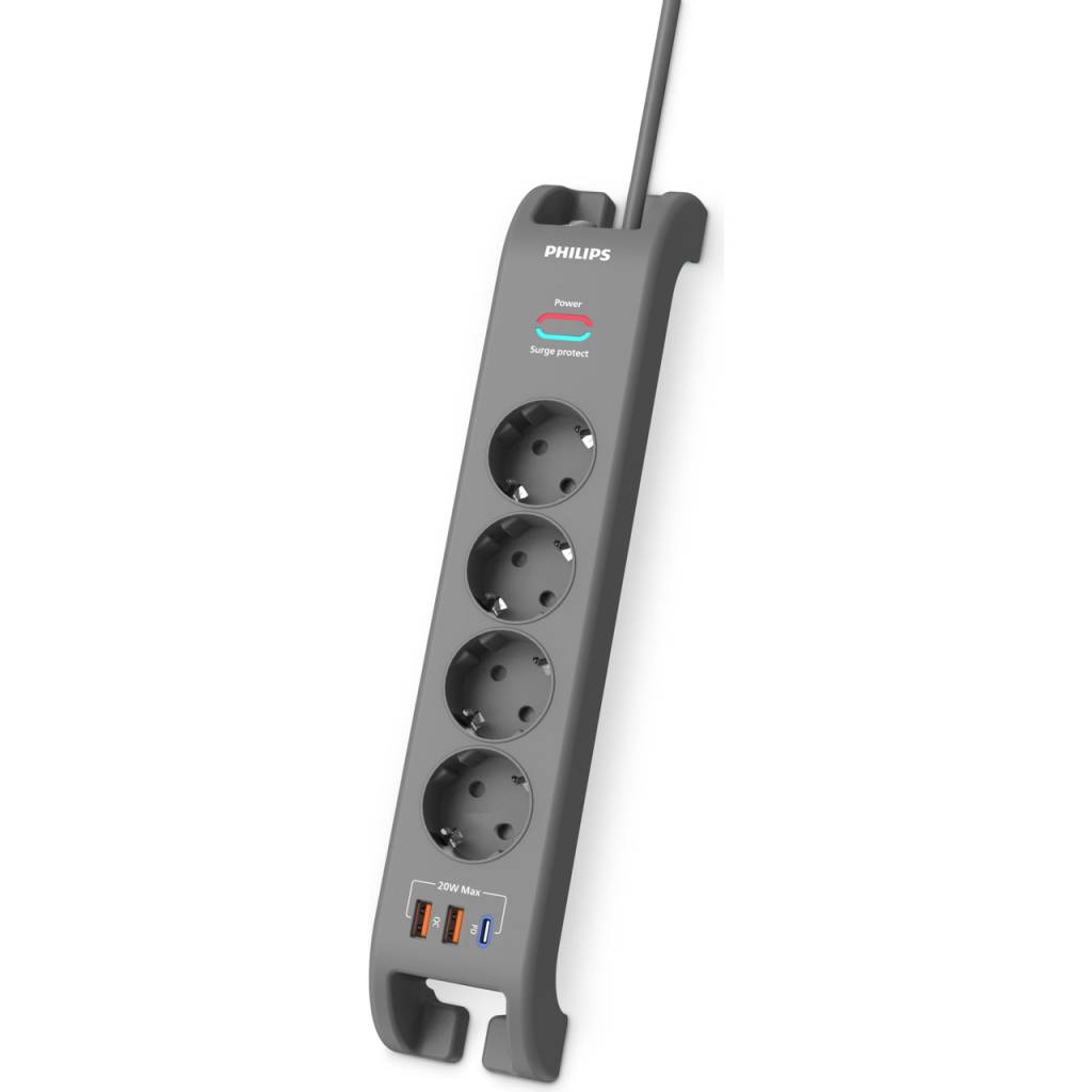 PHILIPS SPN4140GA/62, 4 Soket, Akım Korumalı Priz, 2400 Joules, 2Mt Kablo, 1xUsb-C PD 20W Hızlı Şarj, 2xUsb-A QC 18W, (Gri)