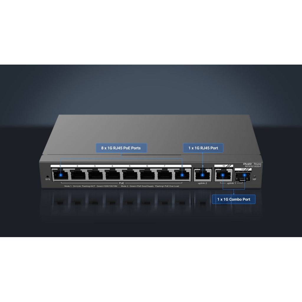 RUIJIE REYEE RG-ES210GS-P  10Port GigaBit ,8X PoE  120W, 1 Port Gİgabit Uplink, 1 Gİgabit Combo,  Colud Yönetilebilir Switch  Metal Kasa