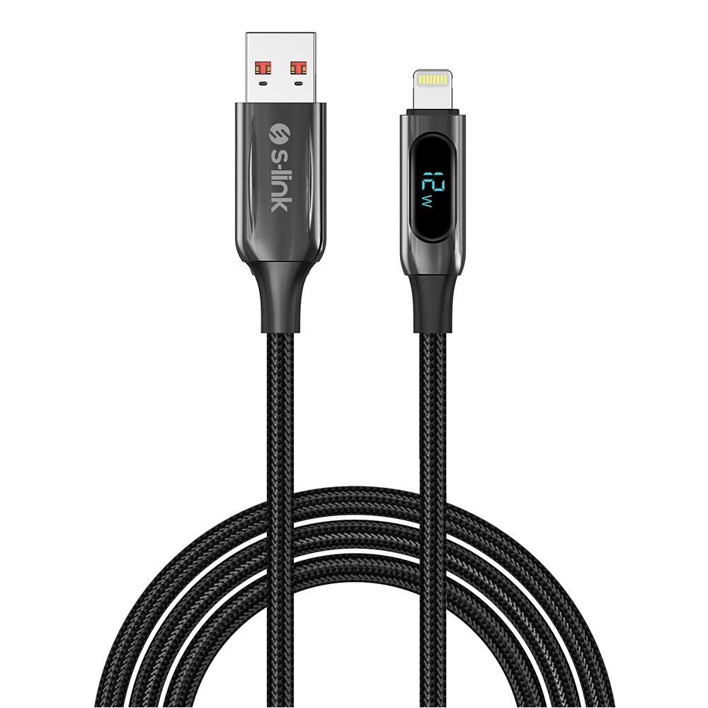 S-link Armor LED UL-012 12W 1m USB to Lightning PD Örgülü LED Başlıklı Siyah Hızlı Şarj Kablosu