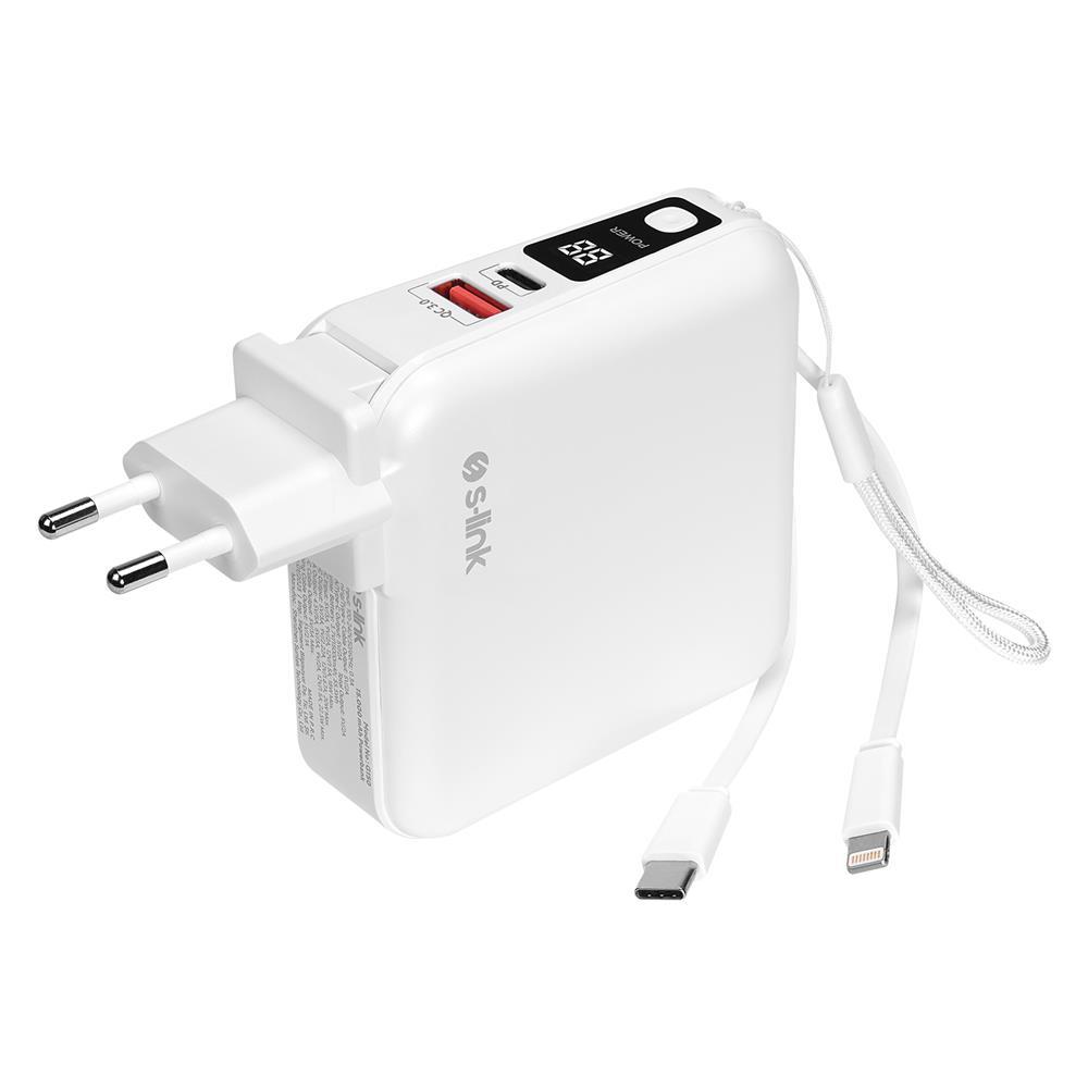 S-link G150 15000mAh Lightning+Type-C Kablolu Powerbank Beyaz PD22.5W LCD AC Prizli  Pil Şarj Cihazı