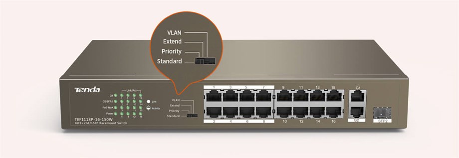 TENDA TEF1118P-16-150W 16PORT 10/100 YÖNETİLEMEZ POE SWITCH.TendaYeni ÜrünlerNH110TEN061