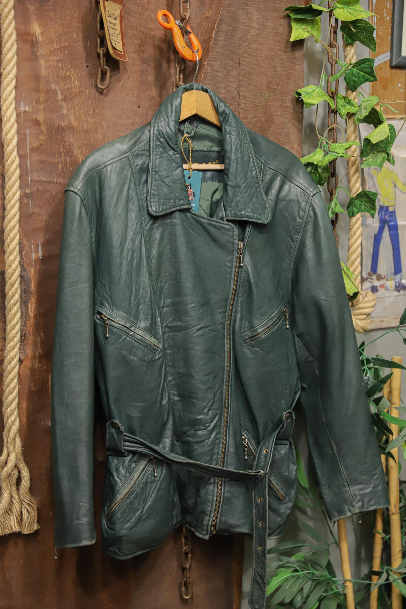 1980s Teal Green Biker Deri Ceket