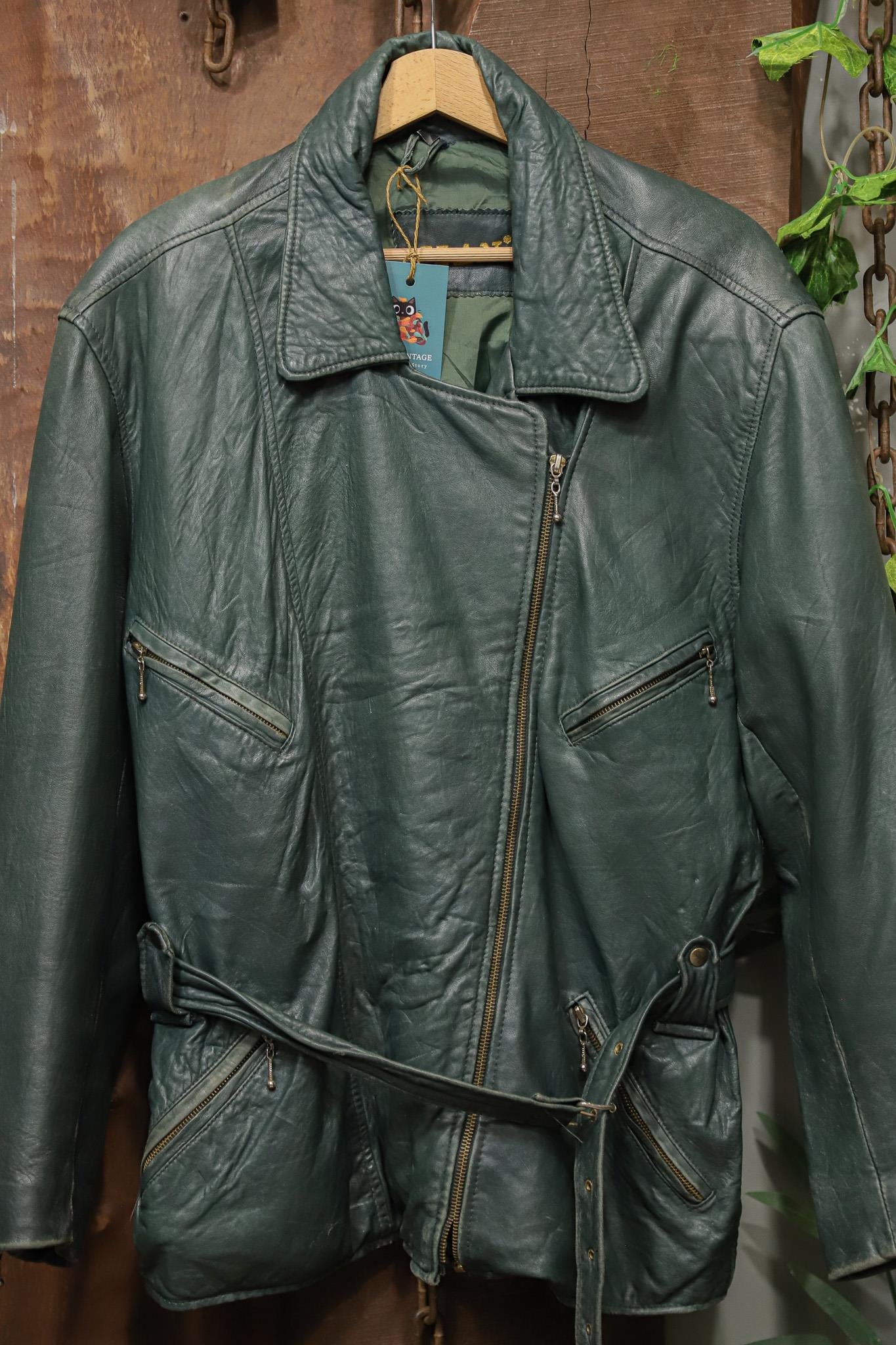 1980s Teal Green Biker Deri Ceket