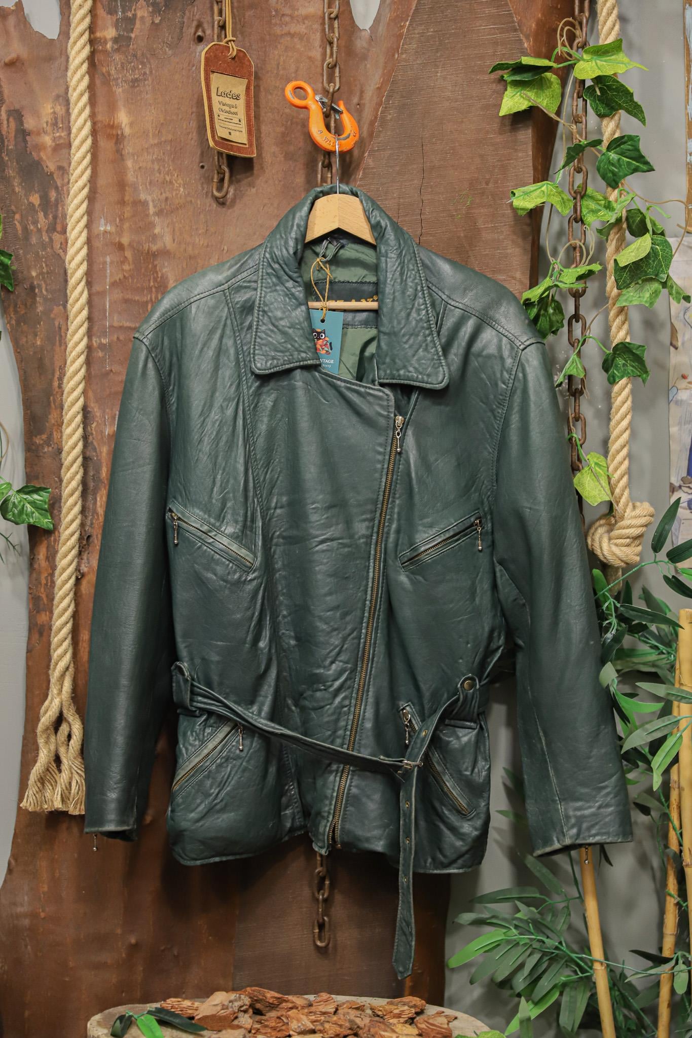1980s Teal Green Biker Deri Ceket
