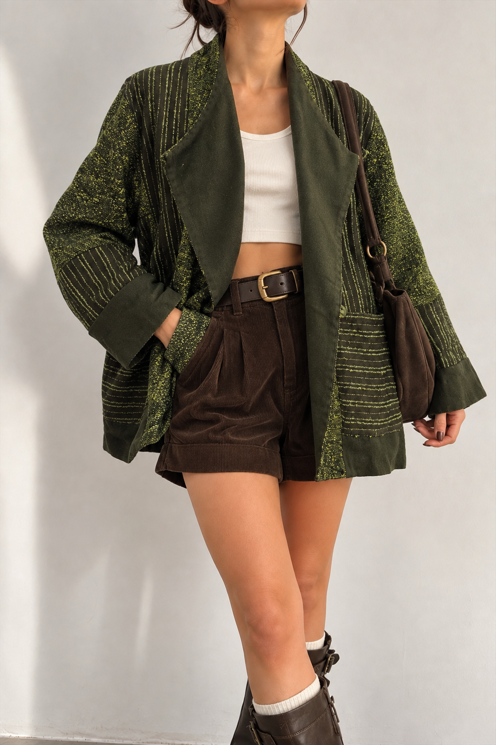 1990s Boho Olive Green Tweed Yün Ceket