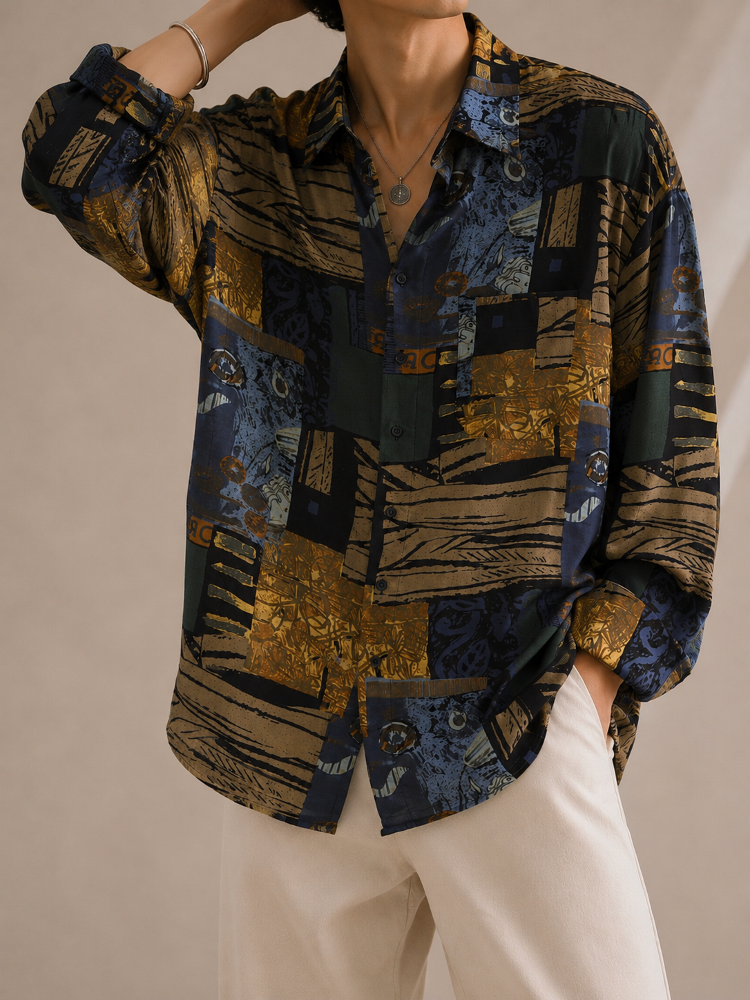 1990s Renk Palet Desenli Oversize Gömlek