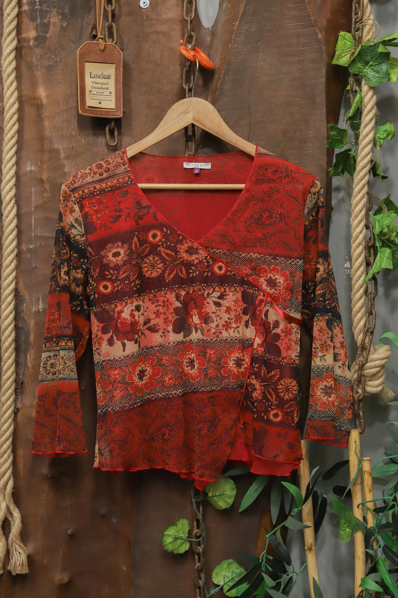 2000s Red Paisley Boho Bluz