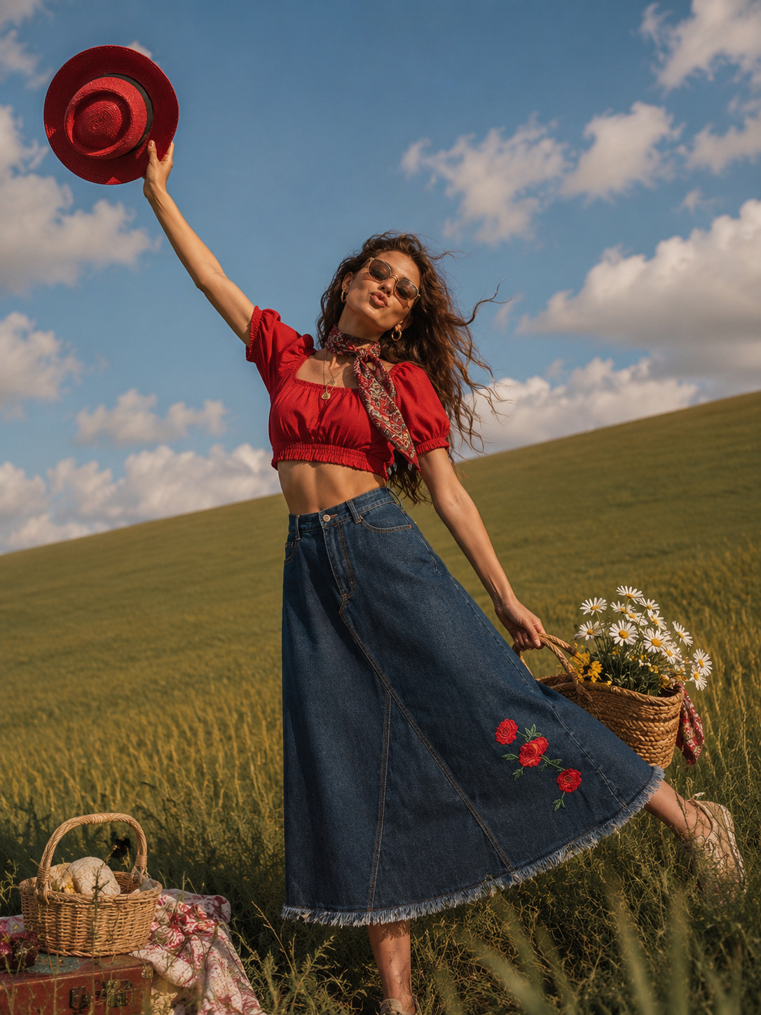 2000s Rose Nakışlı Denim Uzun Etek