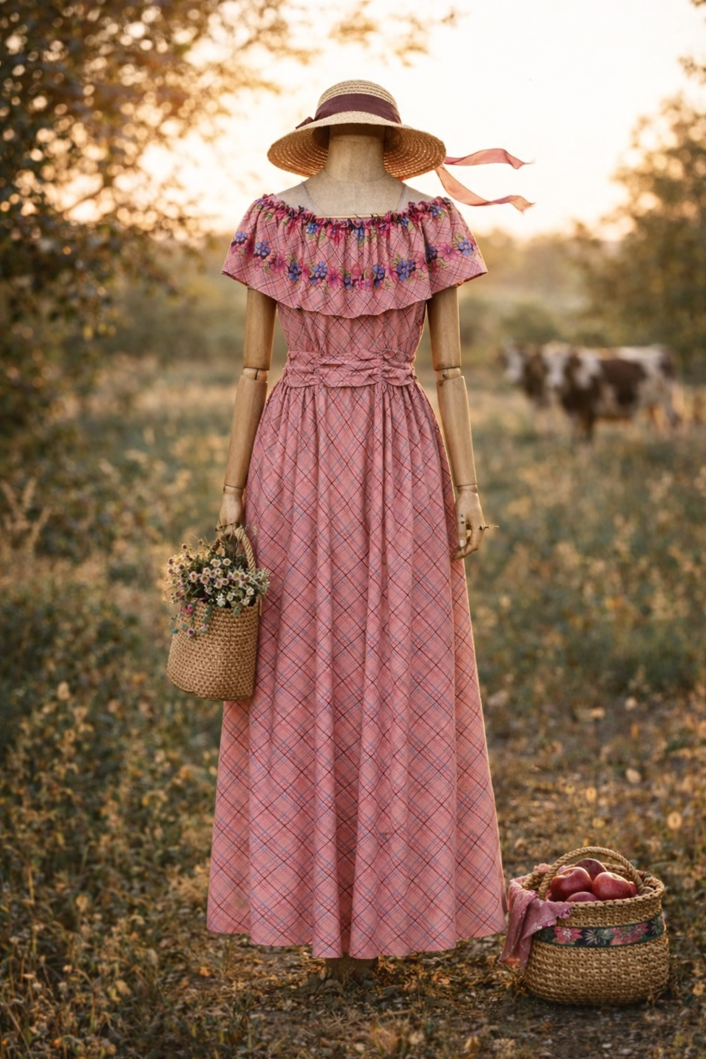 70s Romantic Ruffle Neck Flower Elbise