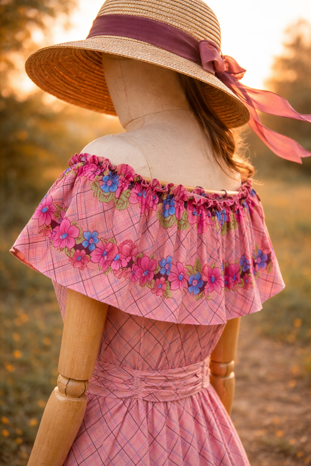 70s Romantic Ruffle Neck Flower Elbise