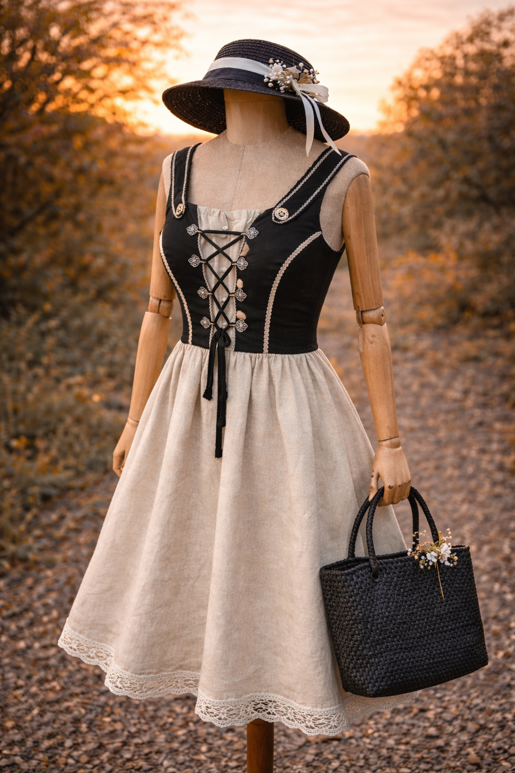 80s Alpine Bağcıklı Keten Velvet Elbise