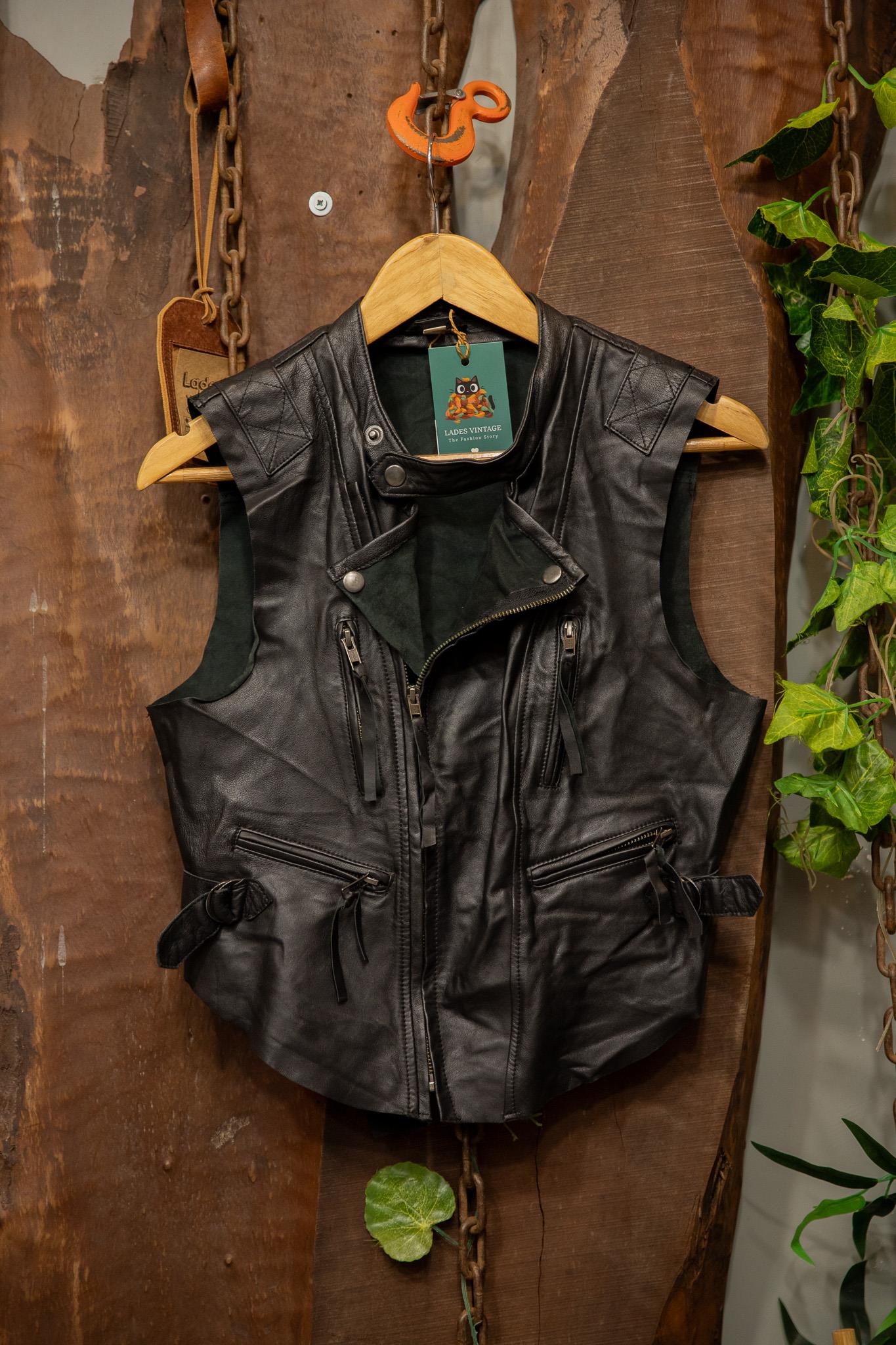 80s Biker Vest Black Deri Yelek