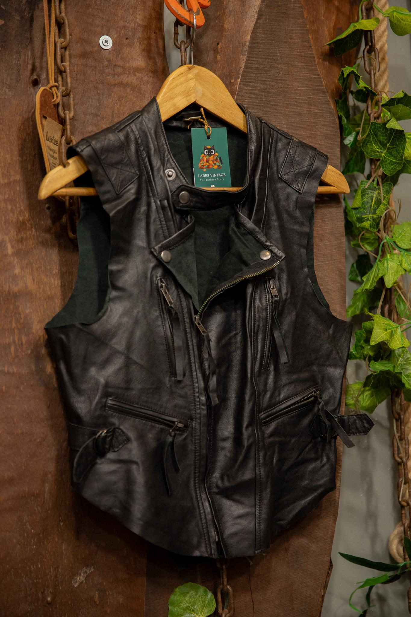 80s Biker Vest Black Deri Yelek