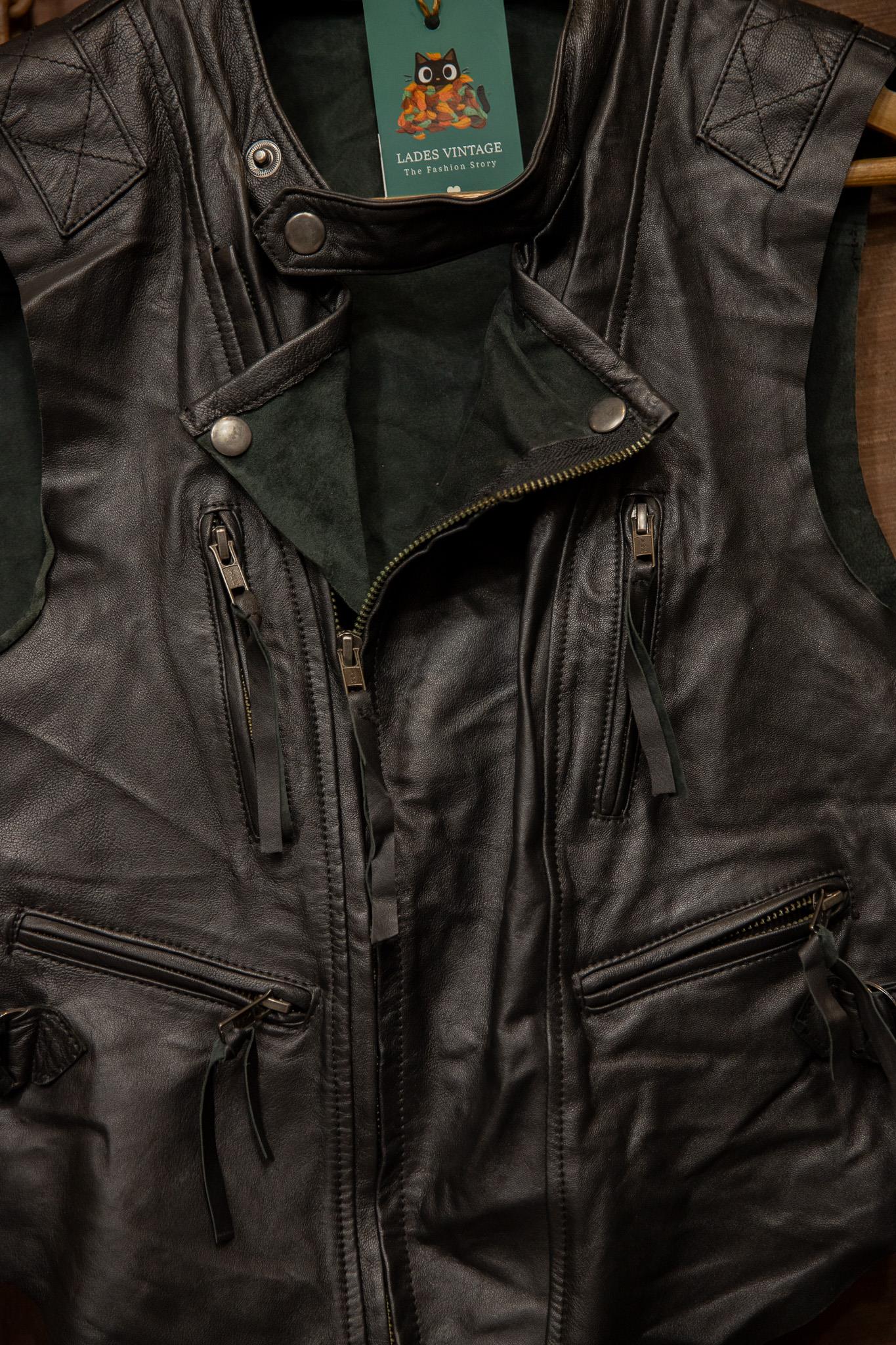 80s Biker Vest Black Deri Yelek