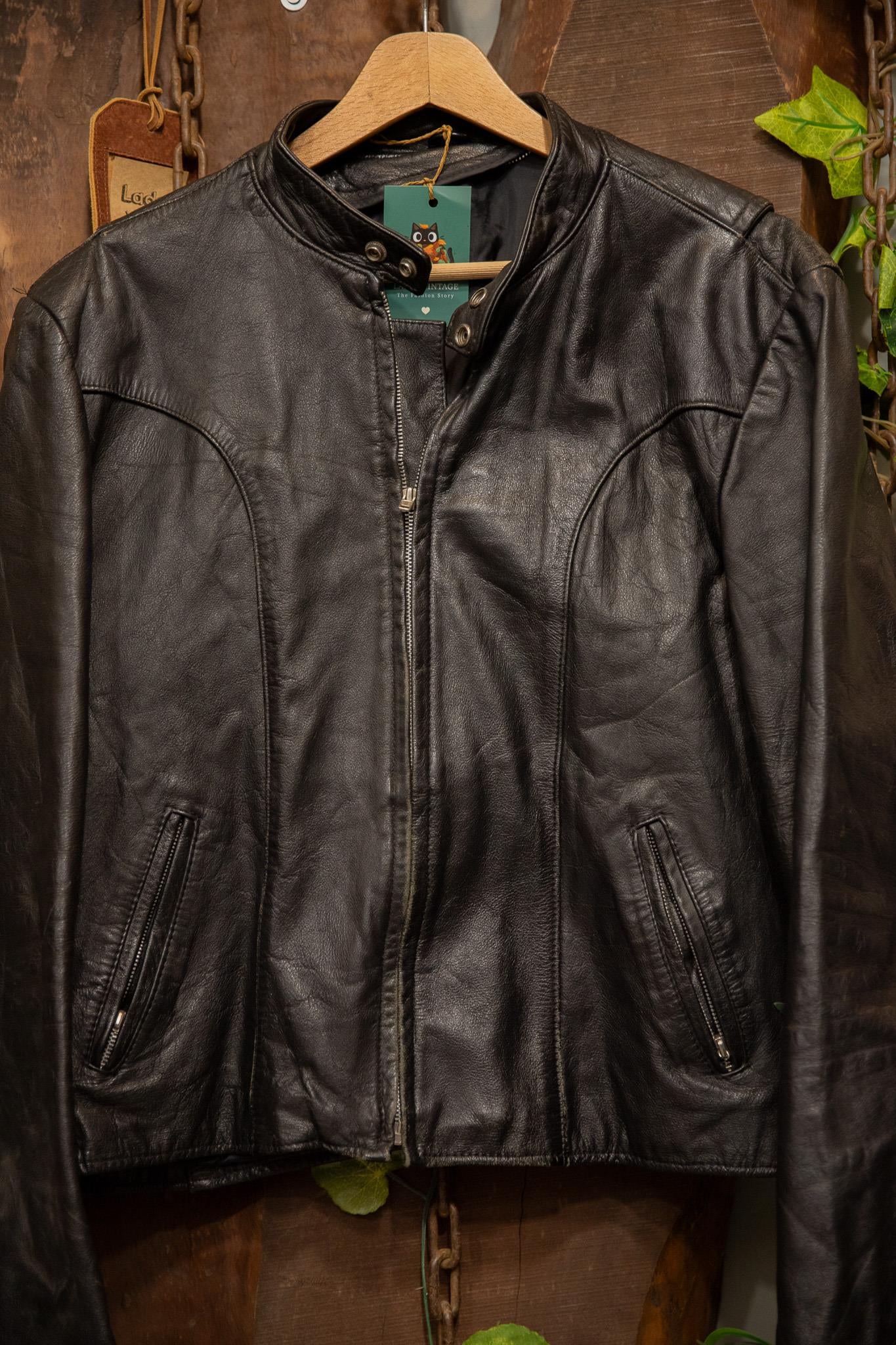 80s Black Biker Eskitme Deri Ceket
